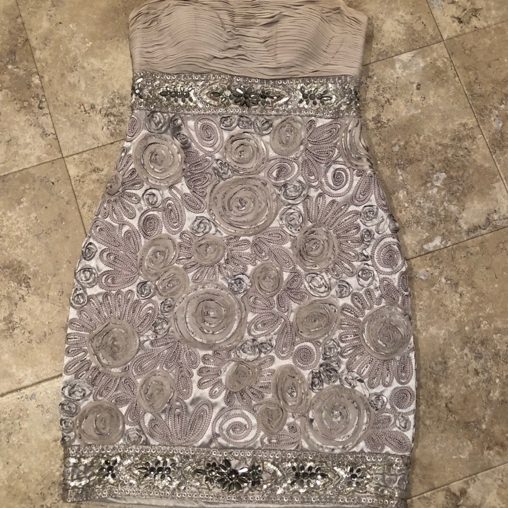 Sue Wong Silver ribbon embroidered cocktail dress